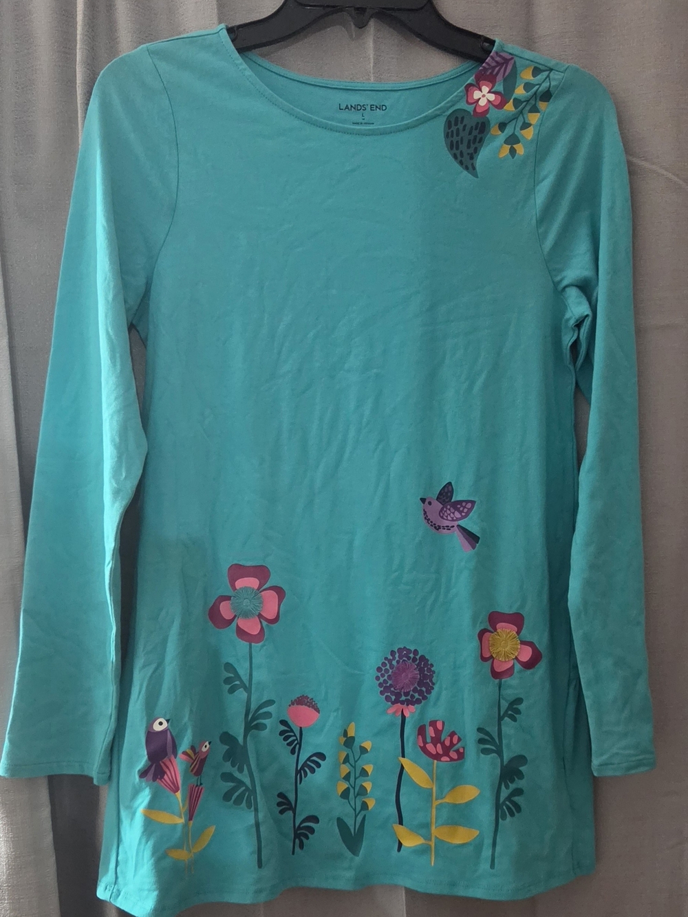 Lands' End Turquoise Long-Sleeve Top with Floral & Bird Accents